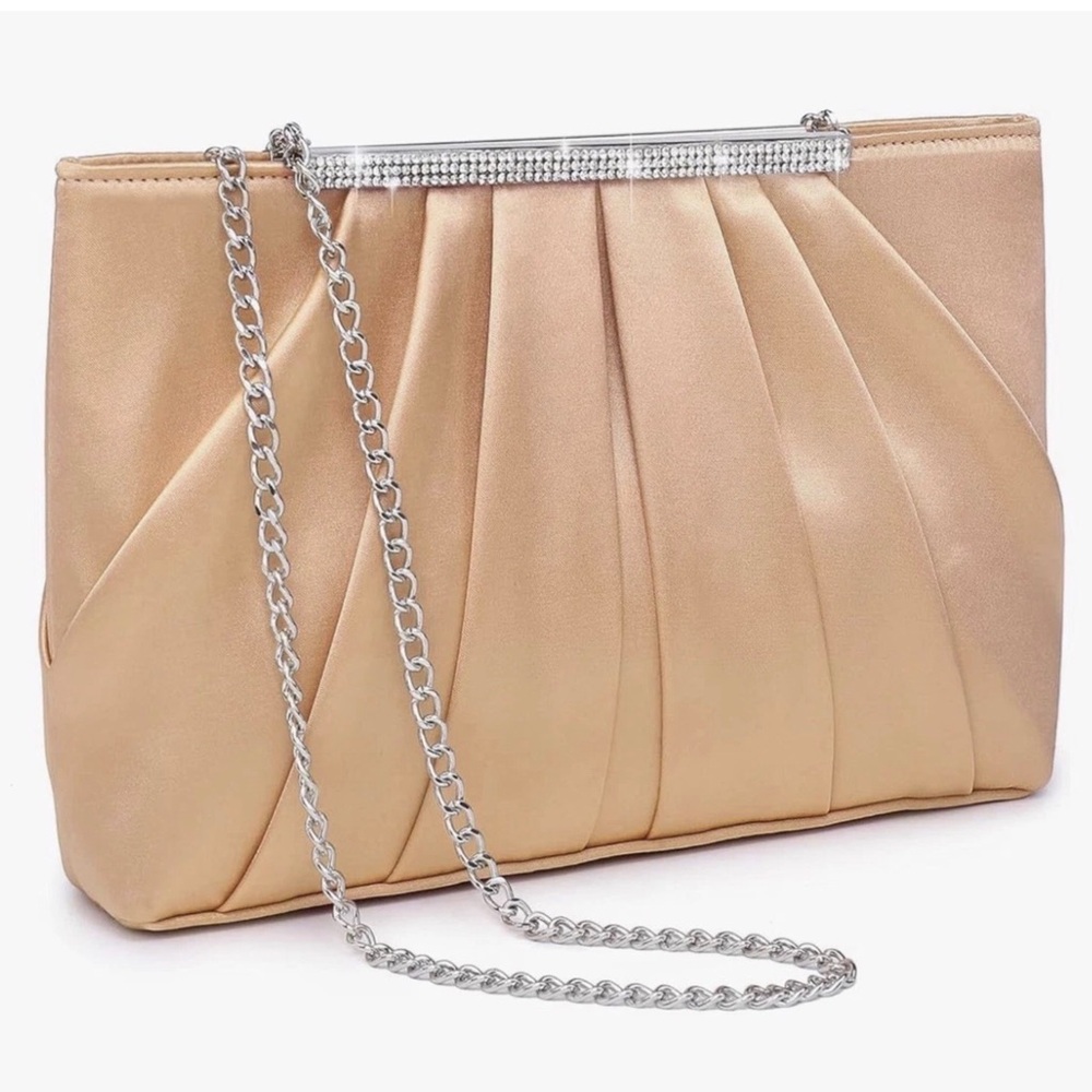 Dasein NEW Satin Rhinestone Pleated Evening Clutch Handbag Purse Champagne NWT